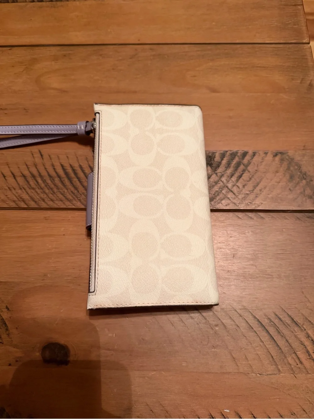 Coach Beige Signature Phone Wristlet with Lavender Strap and Snap
